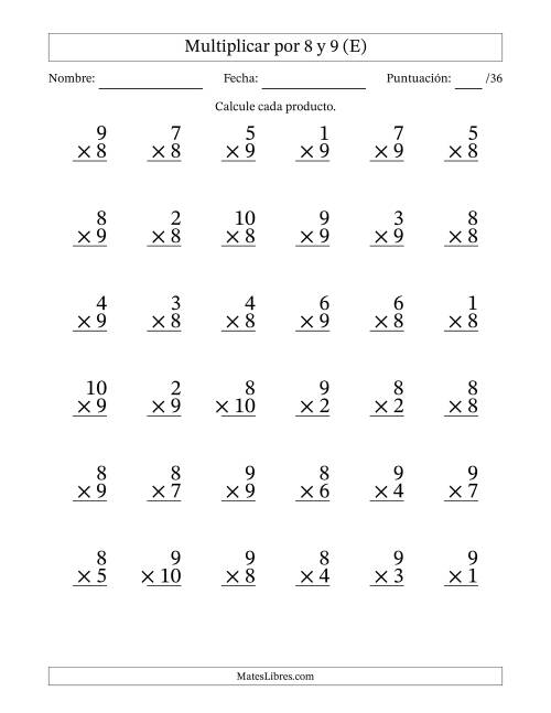 La hoja de ejercicios de Multiplicar (Factores de 1 a 10) por 8 y 9 (36 Preguntas) (E)