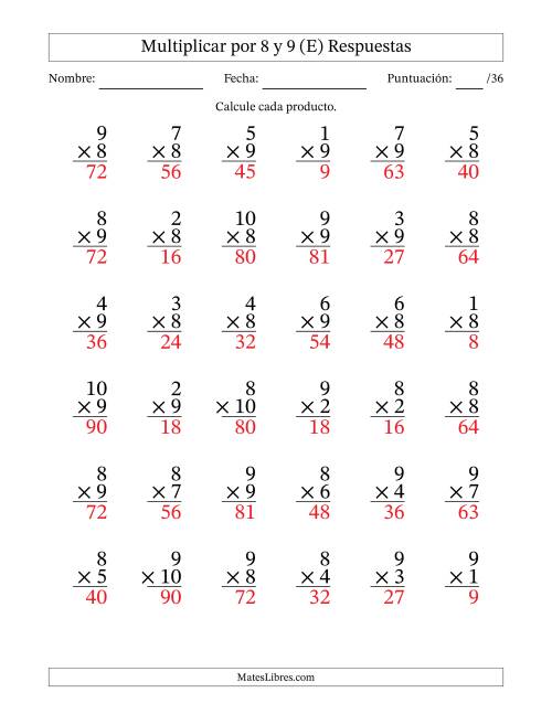 La hoja de ejercicios de Multiplicar (Factores de 1 a 10) por 8 y 9 (36 Preguntas) (E) Página 2