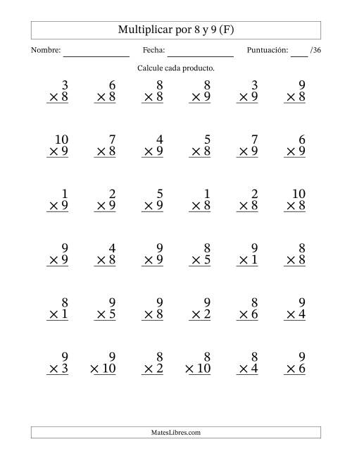 La hoja de ejercicios de Multiplicar (Factores de 1 a 10) por 8 y 9 (36 Preguntas) (F)