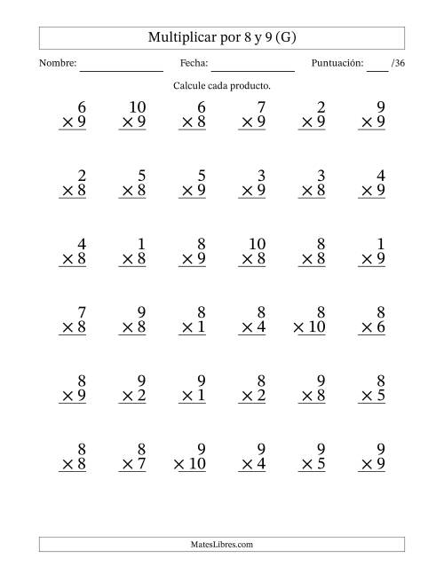 La hoja de ejercicios de Multiplicar (Factores de 1 a 10) por 8 y 9 (36 Preguntas) (G)