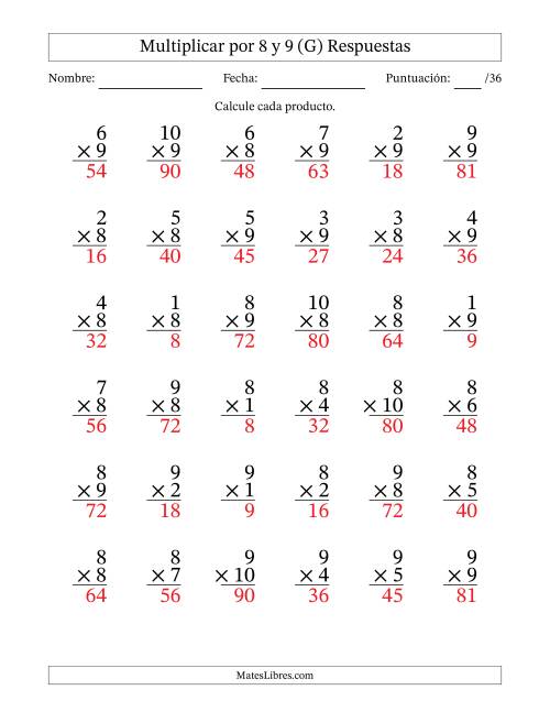 La hoja de ejercicios de Multiplicar (Factores de 1 a 10) por 8 y 9 (36 Preguntas) (G) Página 2