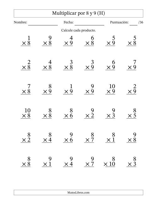 La hoja de ejercicios de Multiplicar (Factores de 1 a 10) por 8 y 9 (36 Preguntas) (H)