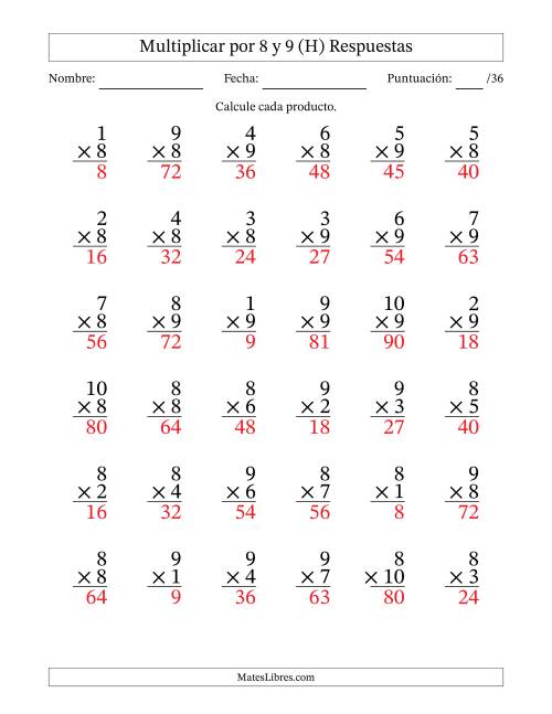 La hoja de ejercicios de Multiplicar (Factores de 1 a 10) por 8 y 9 (36 Preguntas) (H) Página 2