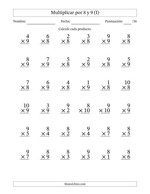 La hoja de ejercicios de Multiplicar (Factores de 1 a 10) por 8 y 9 (36 Preguntas) (I)