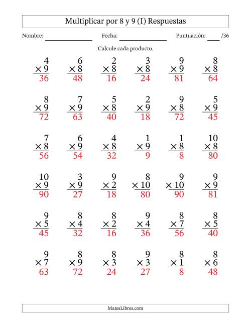 La hoja de ejercicios de Multiplicar (Factores de 1 a 10) por 8 y 9 (36 Preguntas) (I) Página 2