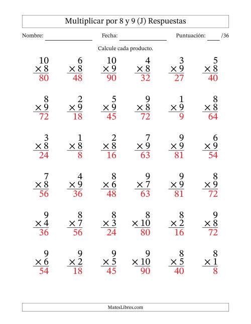 La hoja de ejercicios de Multiplicar (Factores de 1 a 10) por 8 y 9 (36 Preguntas) (J) Página 2