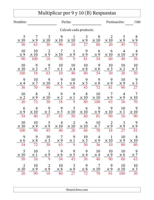 La hoja de ejercicios de Multiplicar (Factores de 1 a 10) por 9 y 10 (100 Preguntas) (B) Página 2