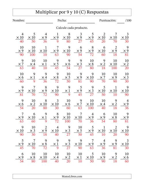 La hoja de ejercicios de Multiplicar (Factores de 1 a 10) por 9 y 10 (100 Preguntas) (C) Página 2