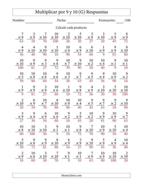 La hoja de ejercicios de Multiplicar (Factores de 1 a 10) por 9 y 10 (100 Preguntas) (G) Página 2