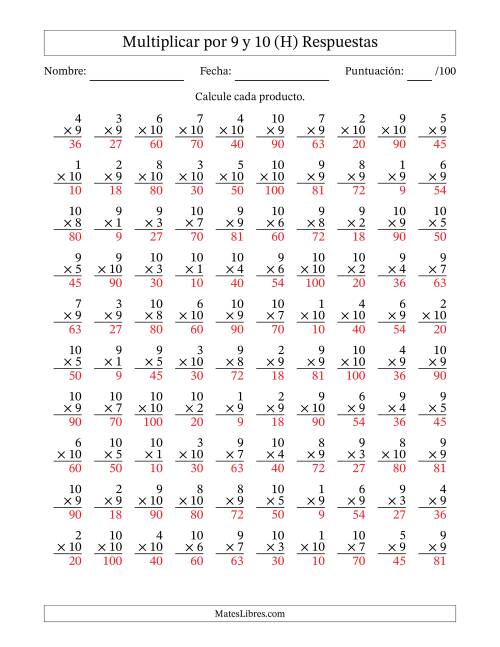 La hoja de ejercicios de Multiplicar (Factores de 1 a 10) por 9 y 10 (100 Preguntas) (H) Página 2