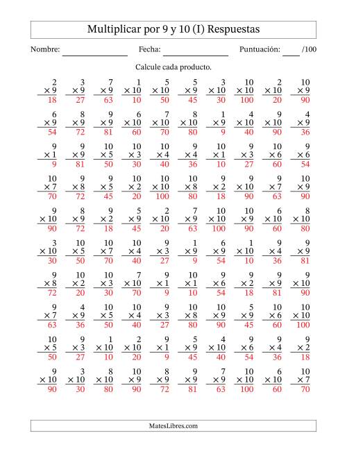 La hoja de ejercicios de Multiplicar (Factores de 1 a 10) por 9 y 10 (100 Preguntas) (I) Página 2