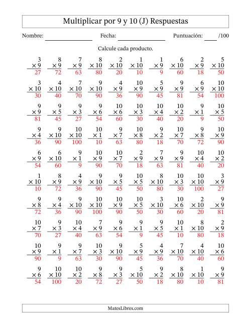 La hoja de ejercicios de Multiplicar (Factores de 1 a 10) por 9 y 10 (100 Preguntas) (J) Página 2