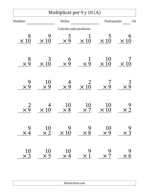 La hoja de ejercicios de Multiplicar (Factores de 1 a 10) por 9 y 10 (36 Preguntas) (A)