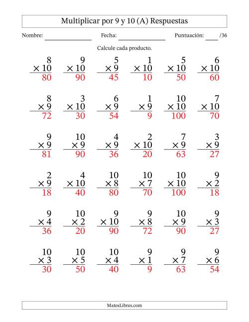 La hoja de ejercicios de Multiplicar (Factores de 1 a 10) por 9 y 10 (36 Preguntas) (A) Página 2