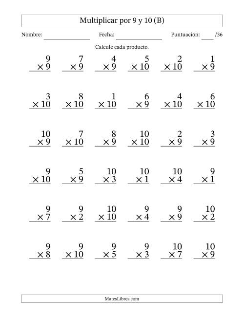La hoja de ejercicios de Multiplicar (Factores de 1 a 10) por 9 y 10 (36 Preguntas) (B)