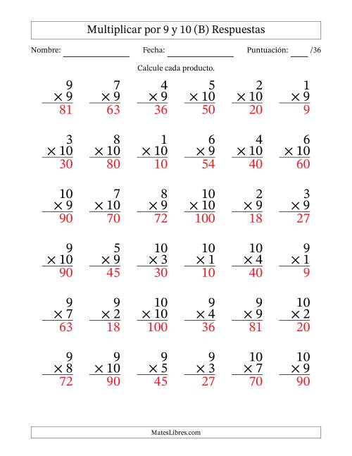 La hoja de ejercicios de Multiplicar (Factores de 1 a 10) por 9 y 10 (36 Preguntas) (B) Página 2