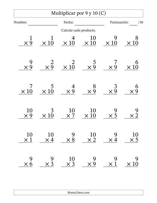 La hoja de ejercicios de Multiplicar (Factores de 1 a 10) por 9 y 10 (36 Preguntas) (C)