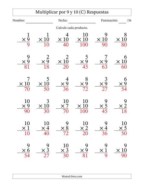 La hoja de ejercicios de Multiplicar (Factores de 1 a 10) por 9 y 10 (36 Preguntas) (C) Página 2