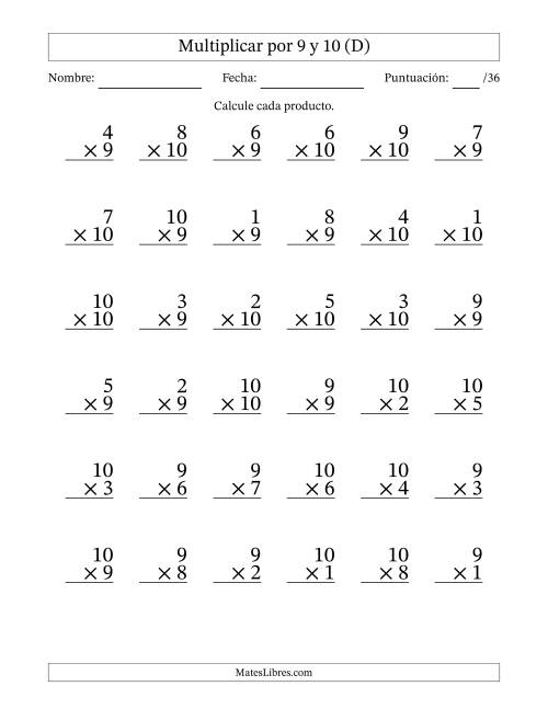 La hoja de ejercicios de Multiplicar (Factores de 1 a 10) por 9 y 10 (36 Preguntas) (D)