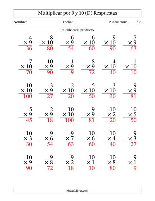 La hoja de ejercicios de Multiplicar (Factores de 1 a 10) por 9 y 10 (36 Preguntas) (D) Página 2