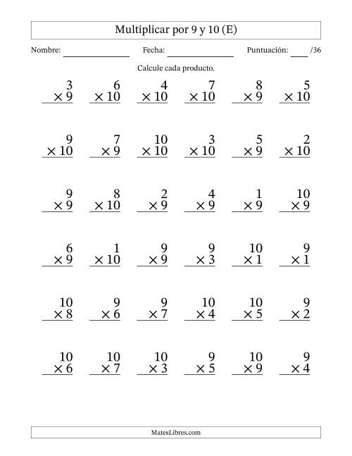 La hoja de ejercicios de Multiplicar (Factores de 1 a 10) por 9 y 10 (36 Preguntas) (E)