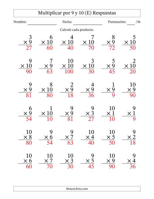 La hoja de ejercicios de Multiplicar (Factores de 1 a 10) por 9 y 10 (36 Preguntas) (E) Página 2