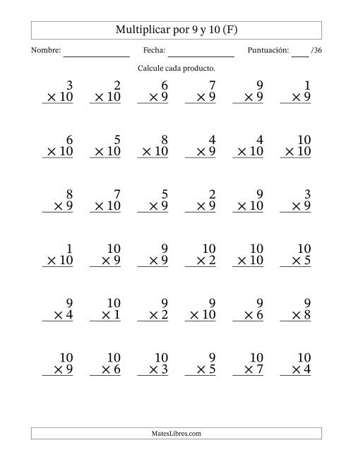 La hoja de ejercicios de Multiplicar (Factores de 1 a 10) por 9 y 10 (36 Preguntas) (F)
