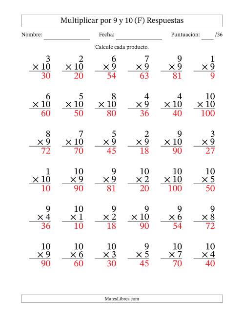 La hoja de ejercicios de Multiplicar (Factores de 1 a 10) por 9 y 10 (36 Preguntas) (F) Página 2
