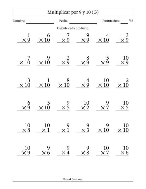 La hoja de ejercicios de Multiplicar (Factores de 1 a 10) por 9 y 10 (36 Preguntas) (G)