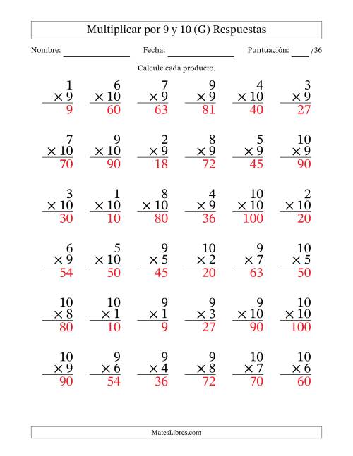 La hoja de ejercicios de Multiplicar (Factores de 1 a 10) por 9 y 10 (36 Preguntas) (G) Página 2