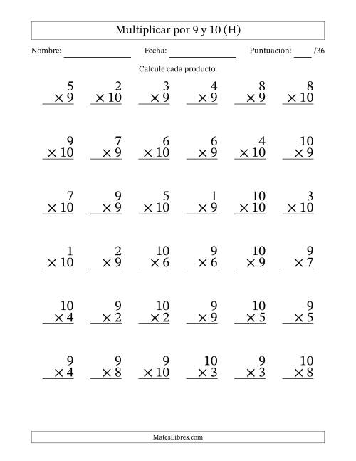 La hoja de ejercicios de Multiplicar (Factores de 1 a 10) por 9 y 10 (36 Preguntas) (H)