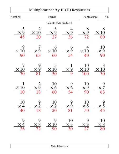 La hoja de ejercicios de Multiplicar (Factores de 1 a 10) por 9 y 10 (36 Preguntas) (H) Página 2