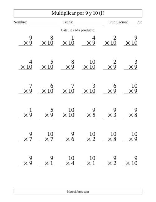 La hoja de ejercicios de Multiplicar (Factores de 1 a 10) por 9 y 10 (36 Preguntas) (I)
