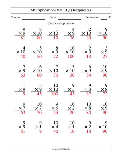 La hoja de ejercicios de Multiplicar (Factores de 1 a 10) por 9 y 10 (36 Preguntas) (I) Página 2