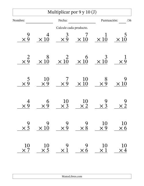 La hoja de ejercicios de Multiplicar (Factores de 1 a 10) por 9 y 10 (36 Preguntas) (J)