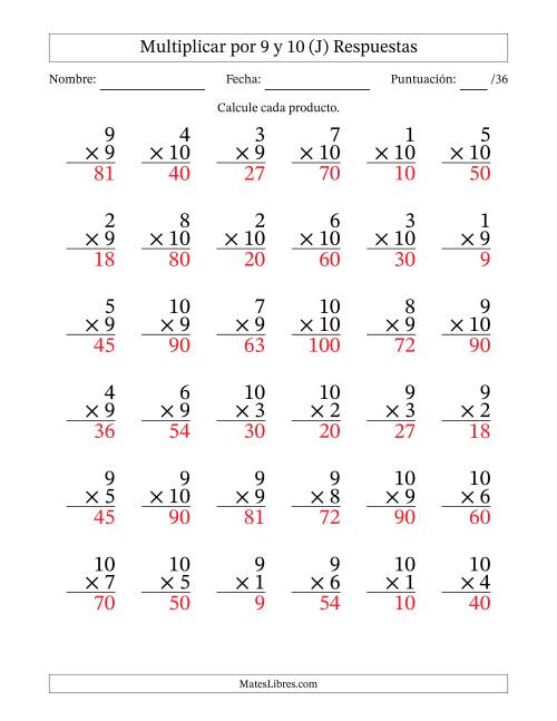 La hoja de ejercicios de Multiplicar (Factores de 1 a 10) por 9 y 10 (36 Preguntas) (J) Página 2