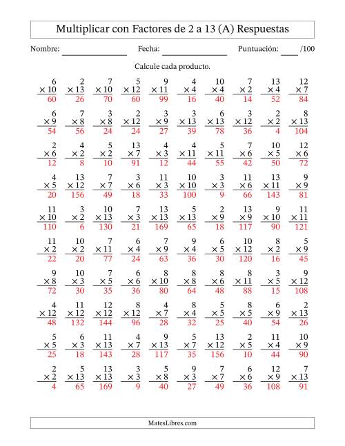 La hoja de ejercicios de Multiplicación con Factores de 2 a 13 (100 Preguntas) (A) Página 2