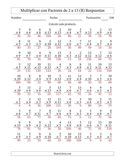 La hoja de ejercicios de Multiplicación con Factores de 2 a 13 (100 Preguntas) (B) Página 2