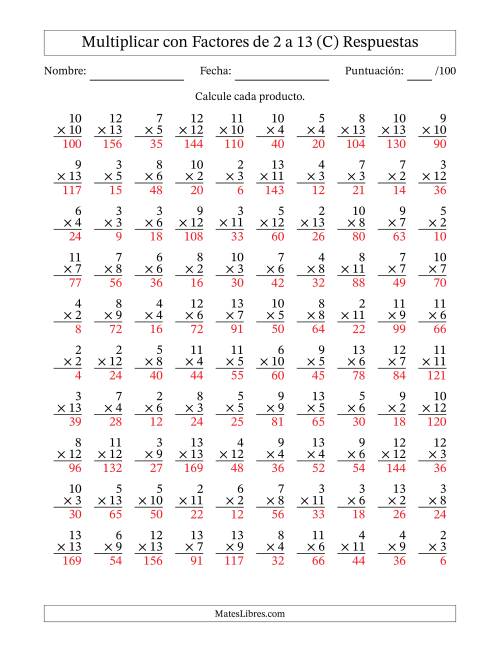 La hoja de ejercicios de Multiplicación con Factores de 2 a 13 (100 Preguntas) (C) Página 2