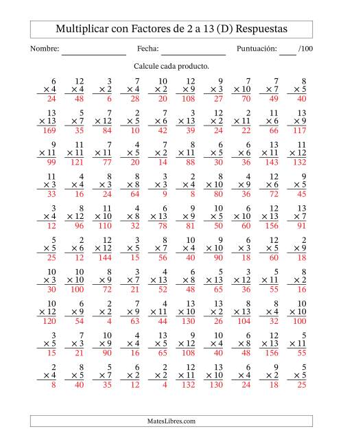La hoja de ejercicios de Multiplicación con Factores de 2 a 13 (100 Preguntas) (D) Página 2