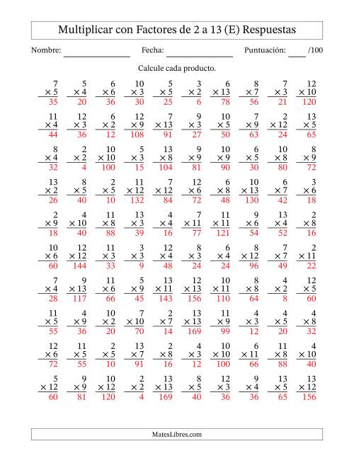 La hoja de ejercicios de Multiplicación con Factores de 2 a 13 (100 Preguntas) (E) Página 2