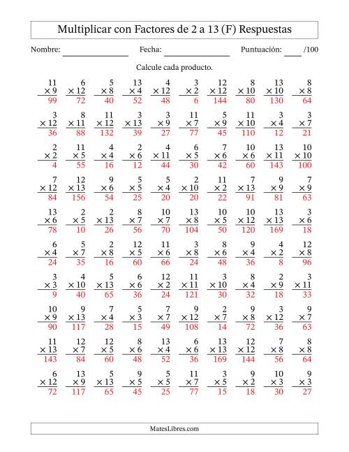 La hoja de ejercicios de Multiplicación con Factores de 2 a 13 (100 Preguntas) (F) Página 2