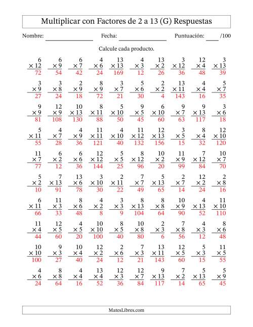 La hoja de ejercicios de Multiplicación con Factores de 2 a 13 (100 Preguntas) (G) Página 2
