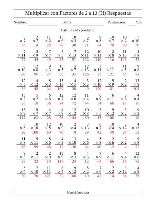 La hoja de ejercicios de Multiplicación con Factores de 2 a 13 (100 Preguntas) (H) Página 2