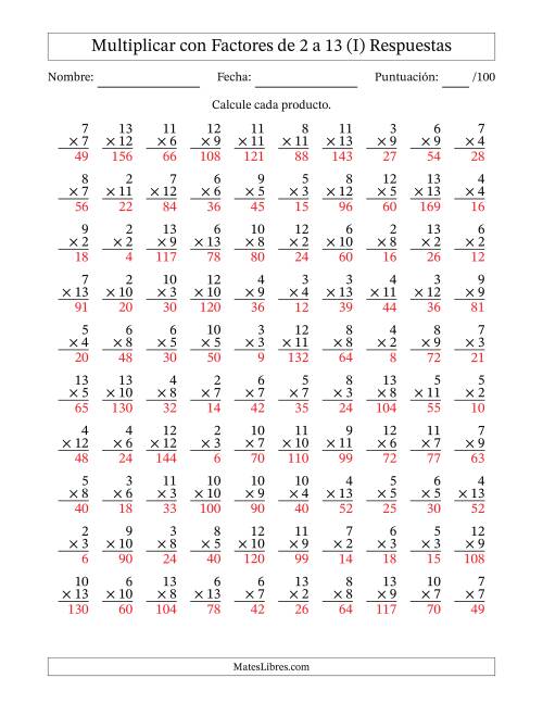 La hoja de ejercicios de Multiplicación con Factores de 2 a 13 (100 Preguntas) (I) Página 2