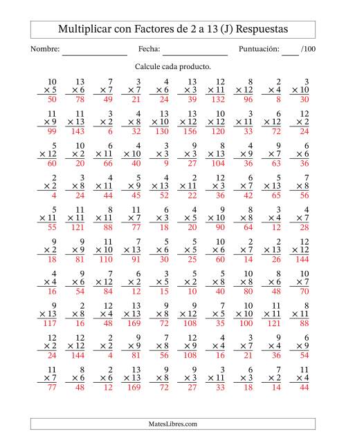 La hoja de ejercicios de Multiplicación con Factores de 2 a 13 (100 Preguntas) (J) Página 2