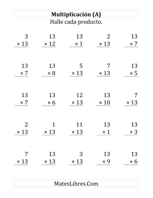 La hoja de ejercicios de Multiplicar por 13 (Hasta 169) (Grande)