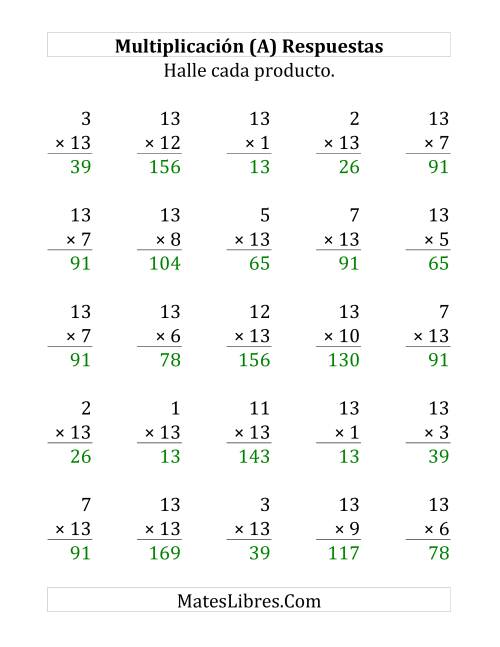 La hoja de ejercicios de Multiplicar por 13 (Hasta 169) (Grande) Página 2