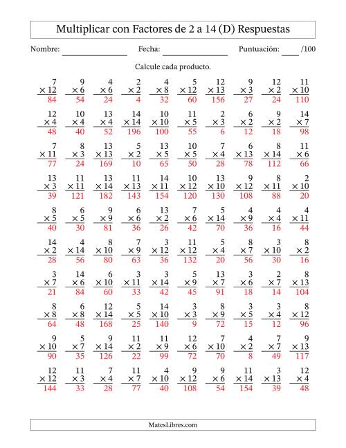 La hoja de ejercicios de Multiplicación con Factores de 2 a 14 (100 Preguntas) (D) Página 2