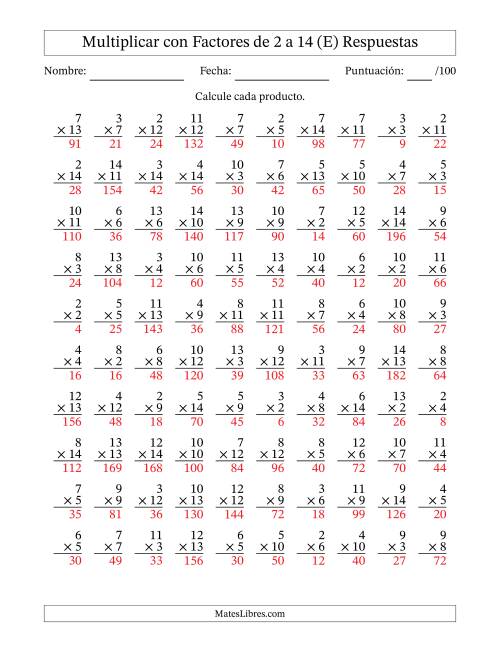 La hoja de ejercicios de Multiplicación con Factores de 2 a 14 (100 Preguntas) (E) Página 2